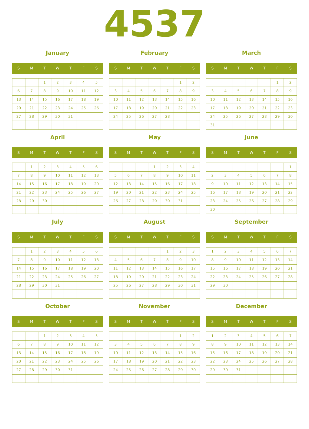 Printable 4537 Year Calendars chartreuse