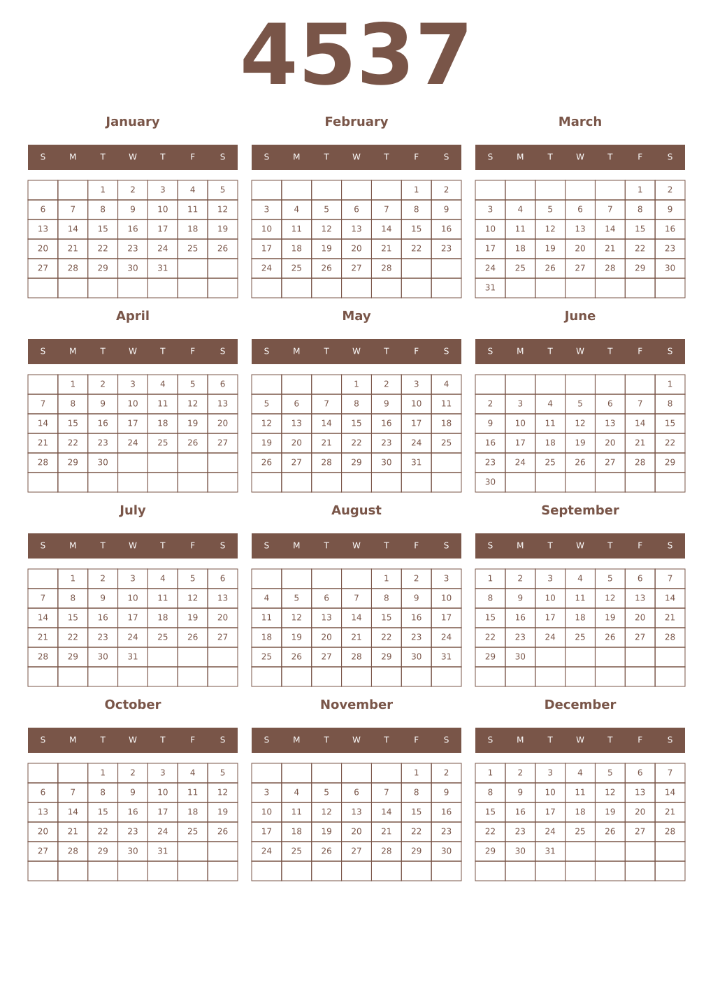 Printable 4537 Year Calendars coffe