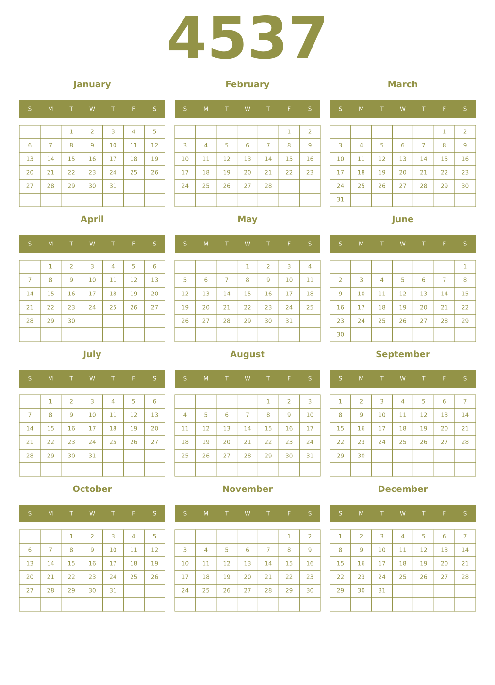 Printable 4537 Year Calendars eburnean