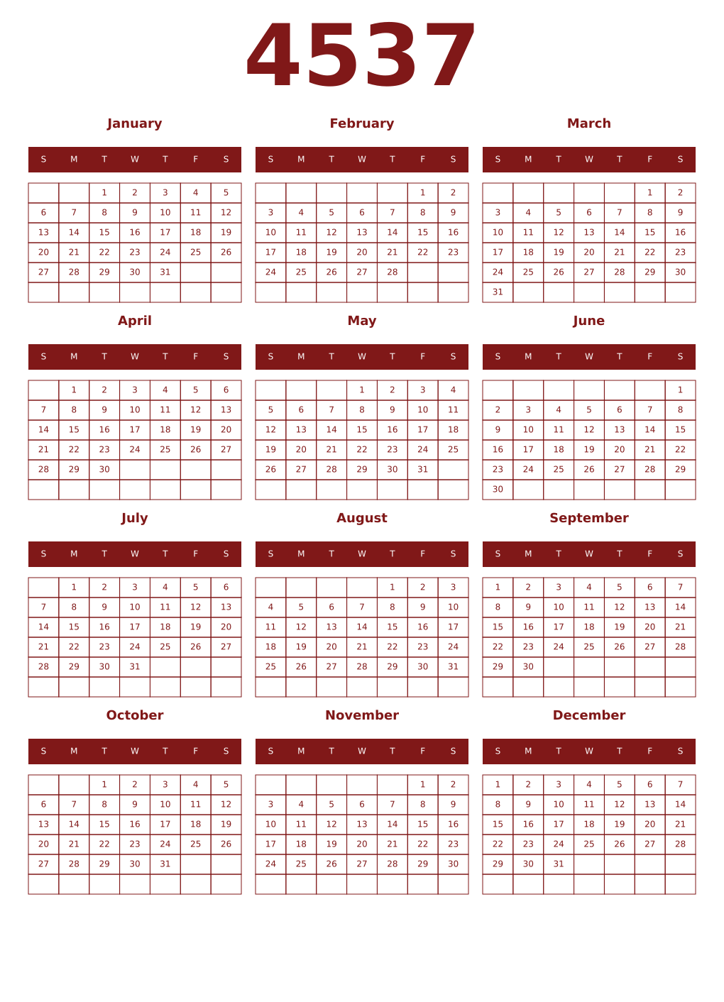 Printable 4537 Year Calendars falu