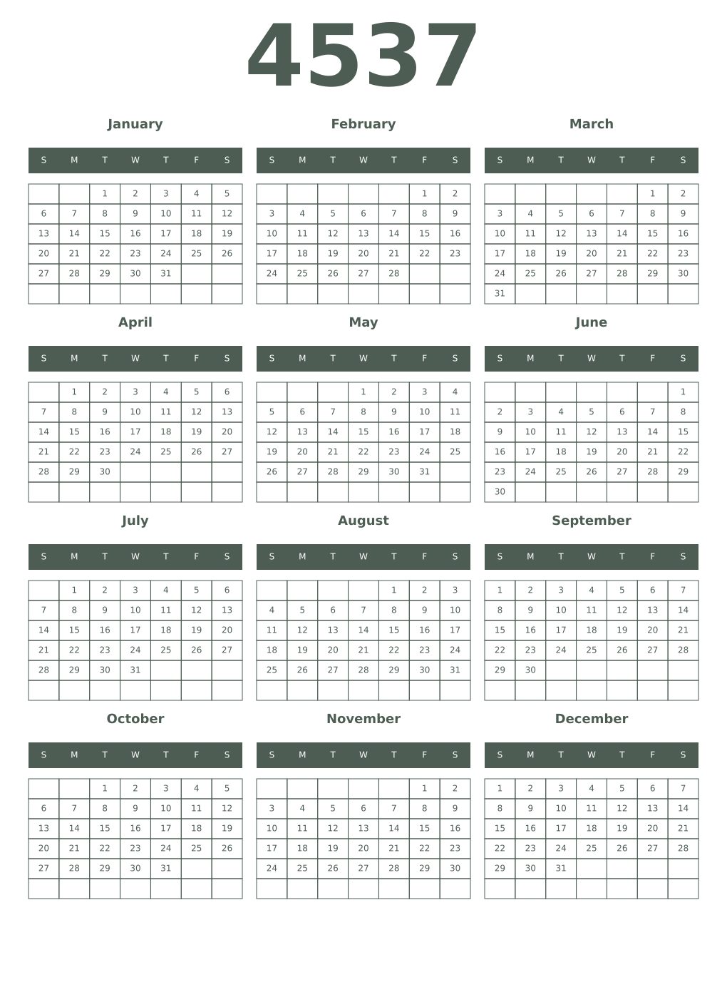 Printable 4537 Year Calendars feldgrau