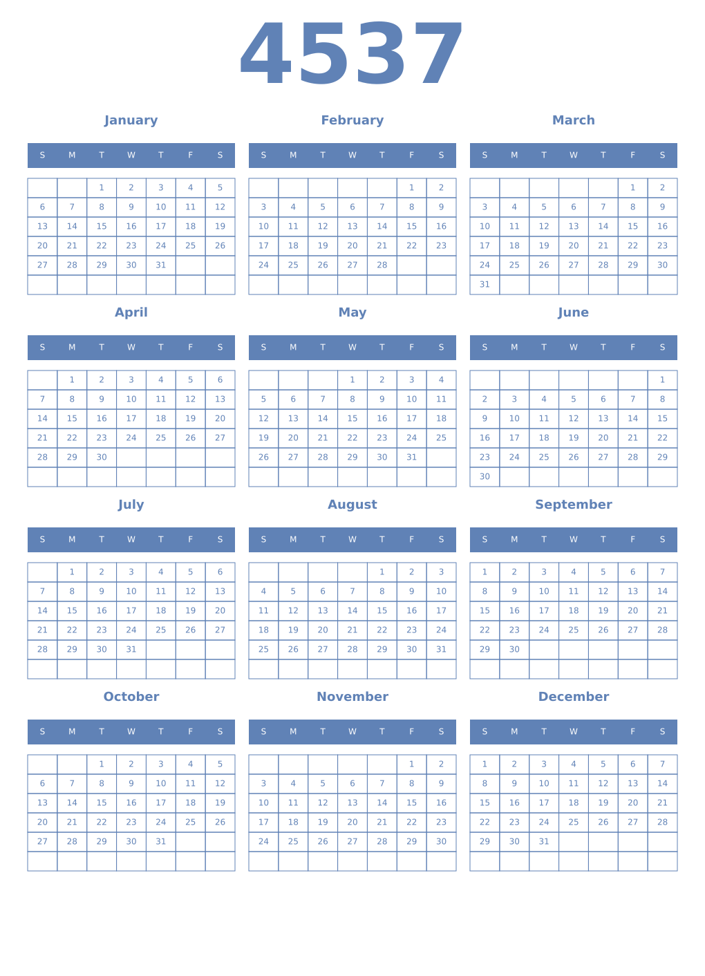 Printable 4537 Year Calendars glaucous