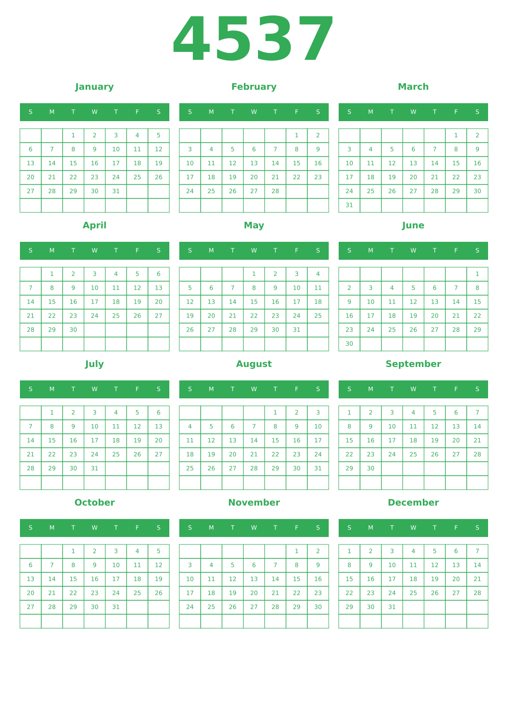 Printable 4537 Year Calendars green