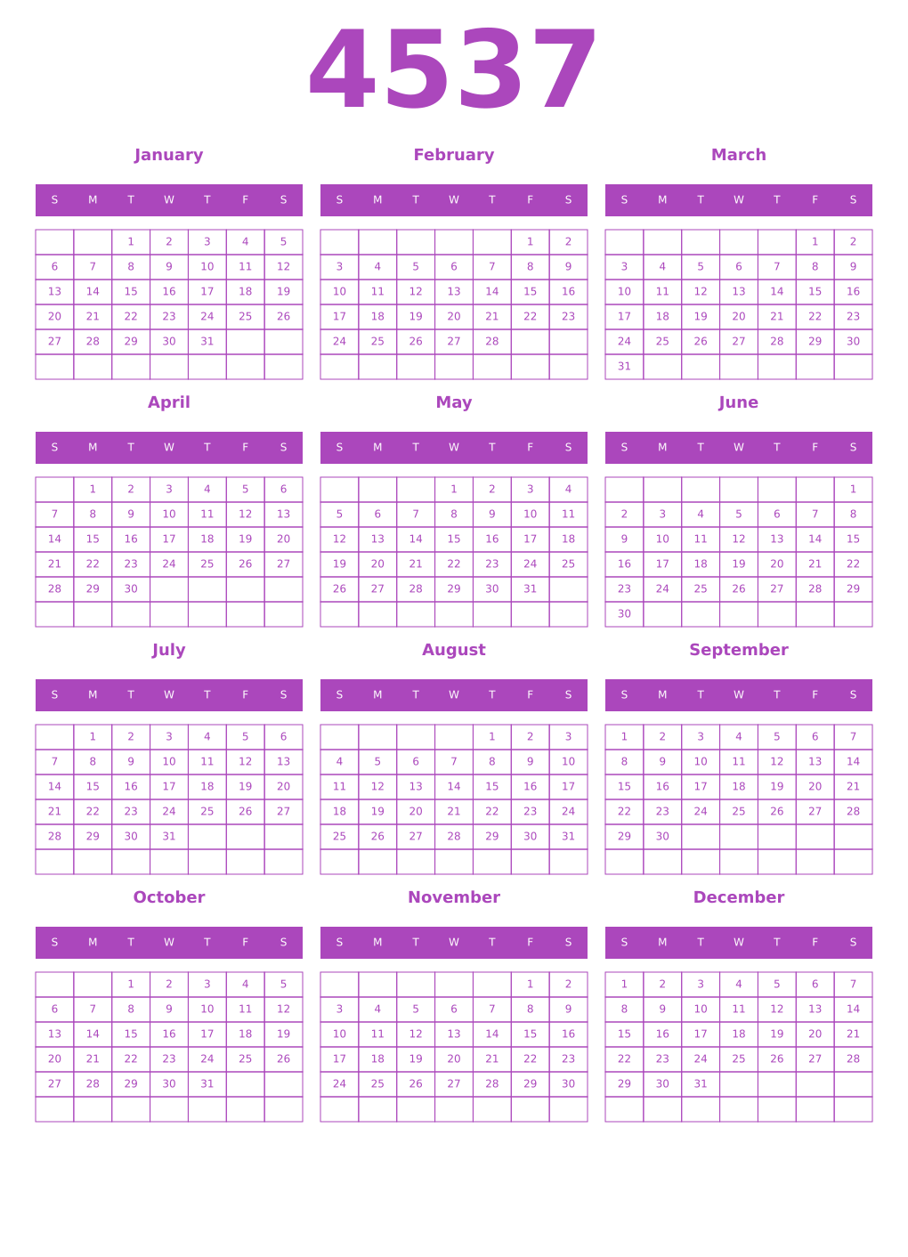 Printable 4537 Year Calendars purple