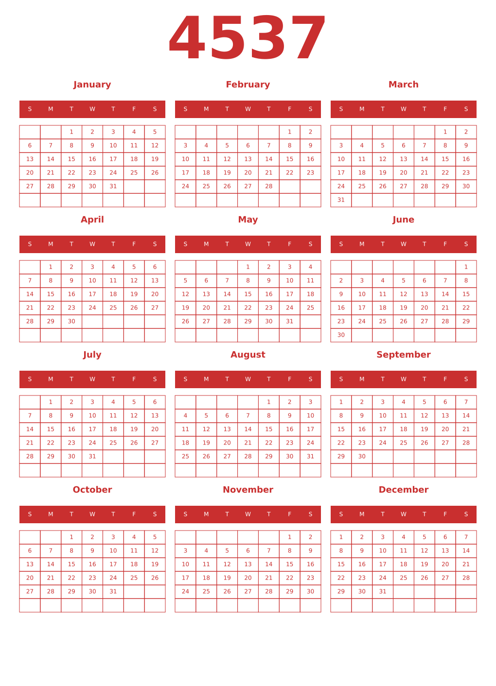 Printable 4537 Year Calendars red