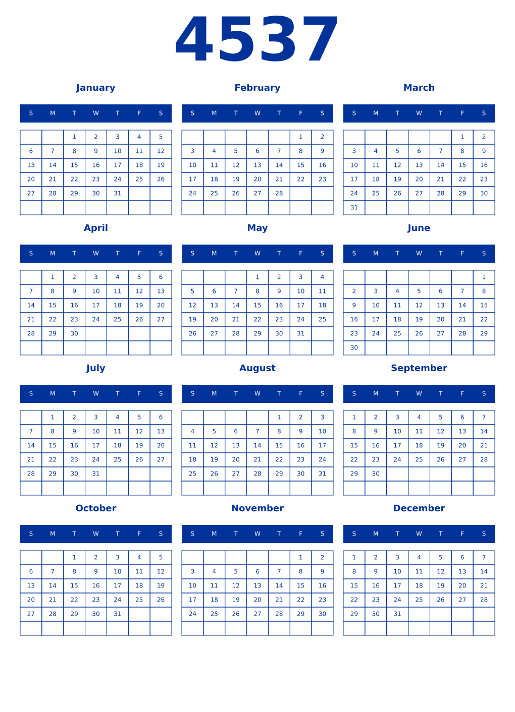 Printable 4537 Year Calendars smalt