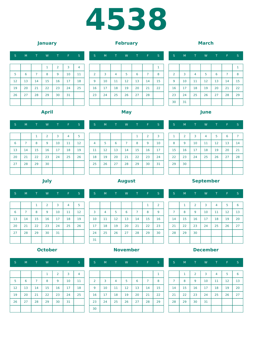 Printable 4538 Year Calendars pastel