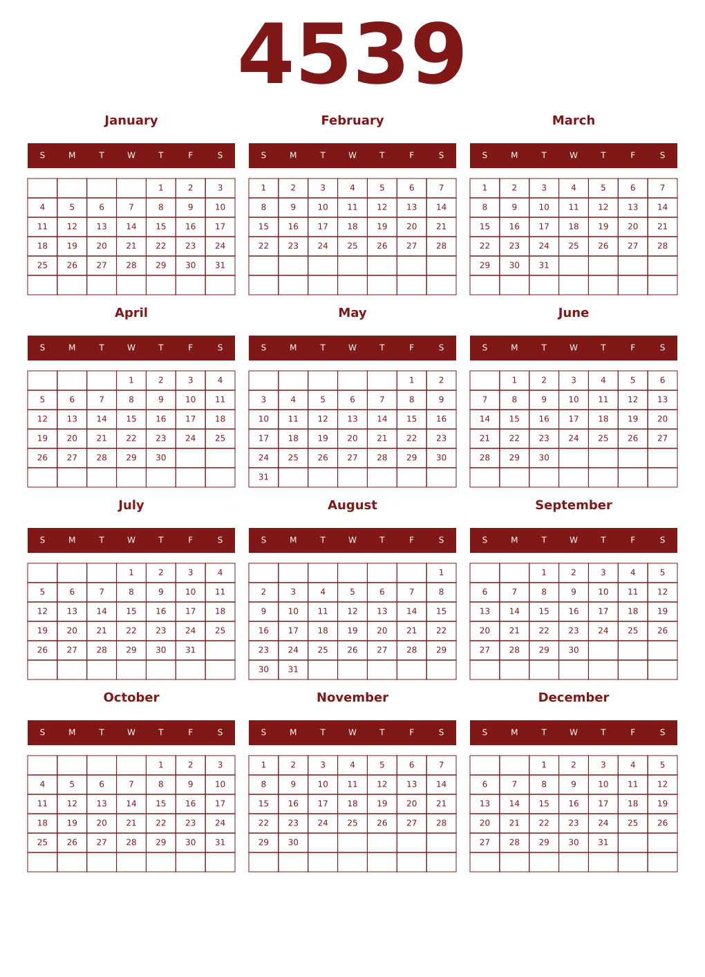 Printable 4539 Year Calendars falu