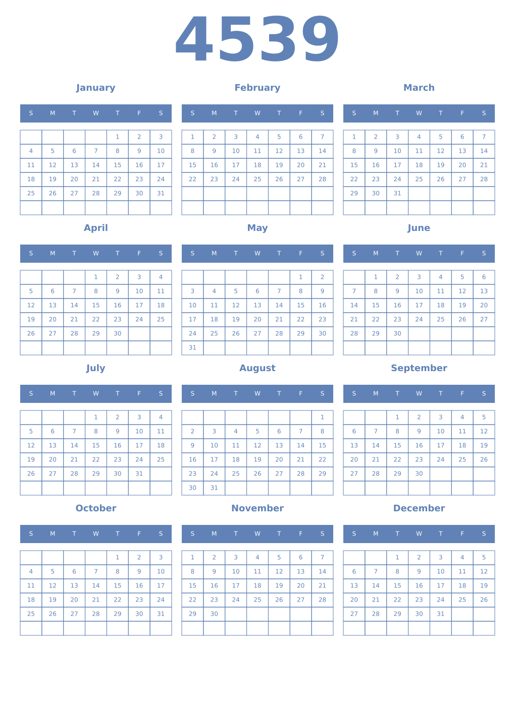 Printable 4539 Year Calendars glaucous