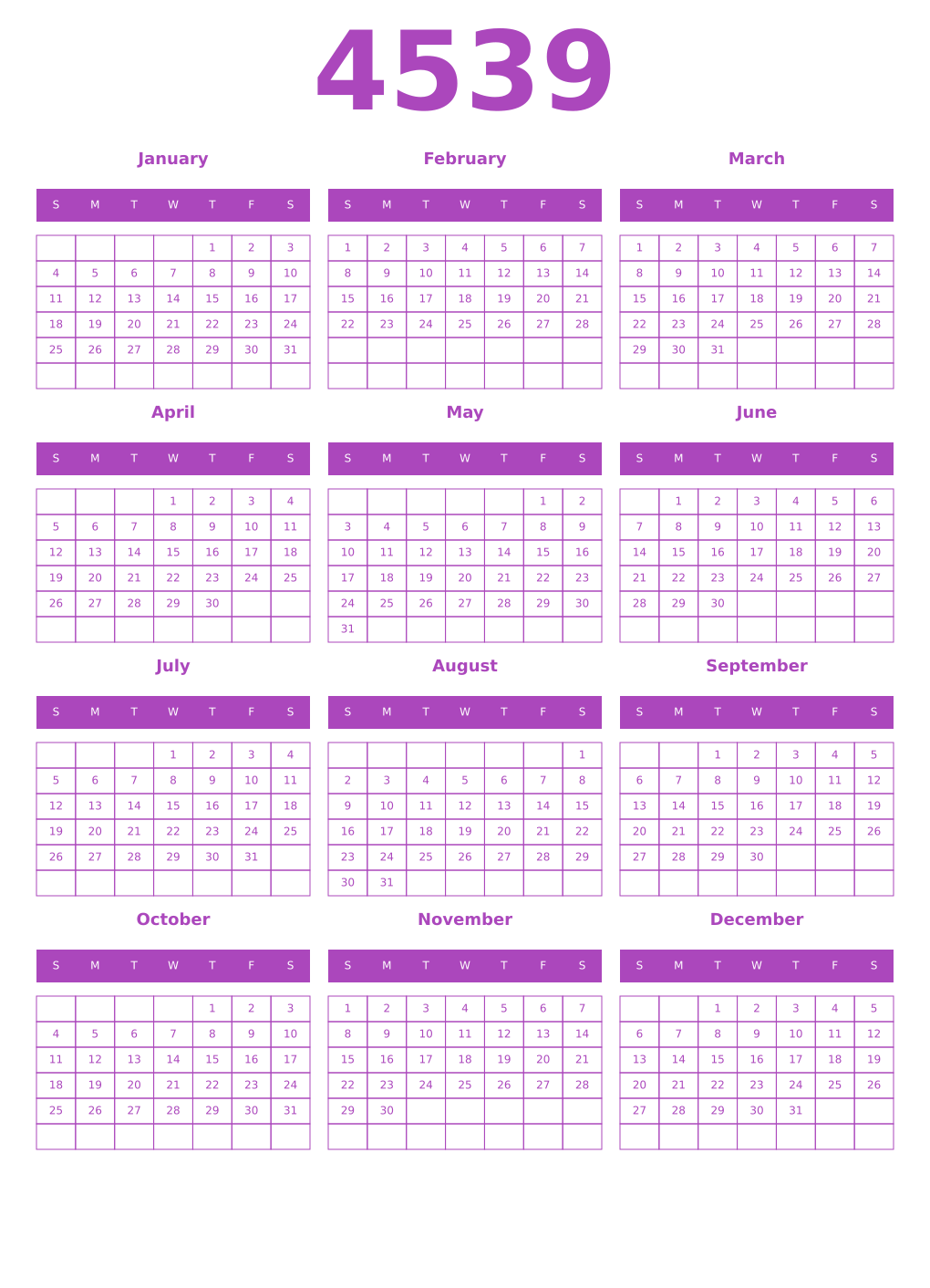 Printable 4539 Year Calendars purple