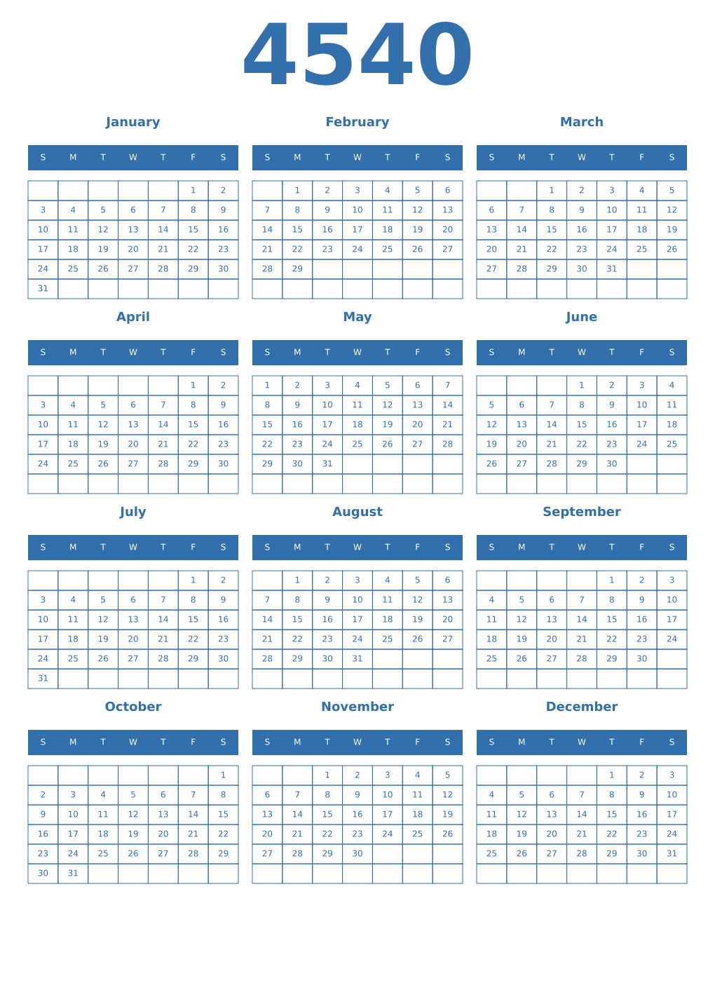 Printable 4540 Year Calendars blue