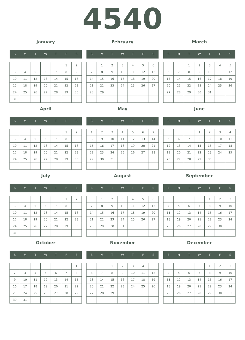 Printable 4540 Year Calendars feldgrau