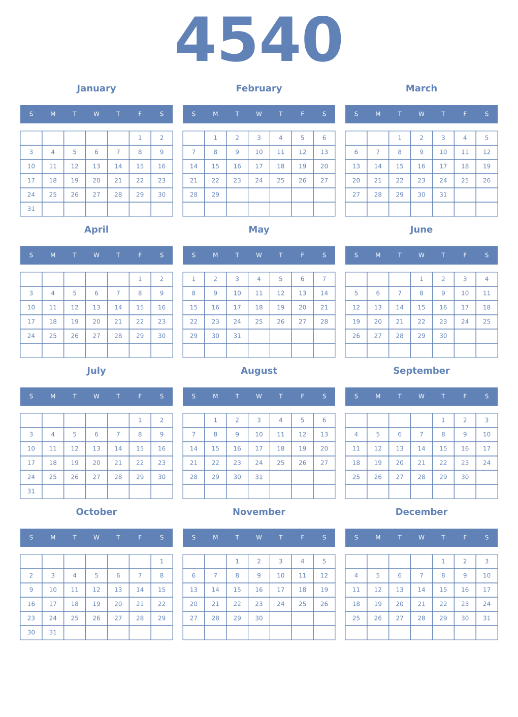Printable 4540 Year Calendars glaucous