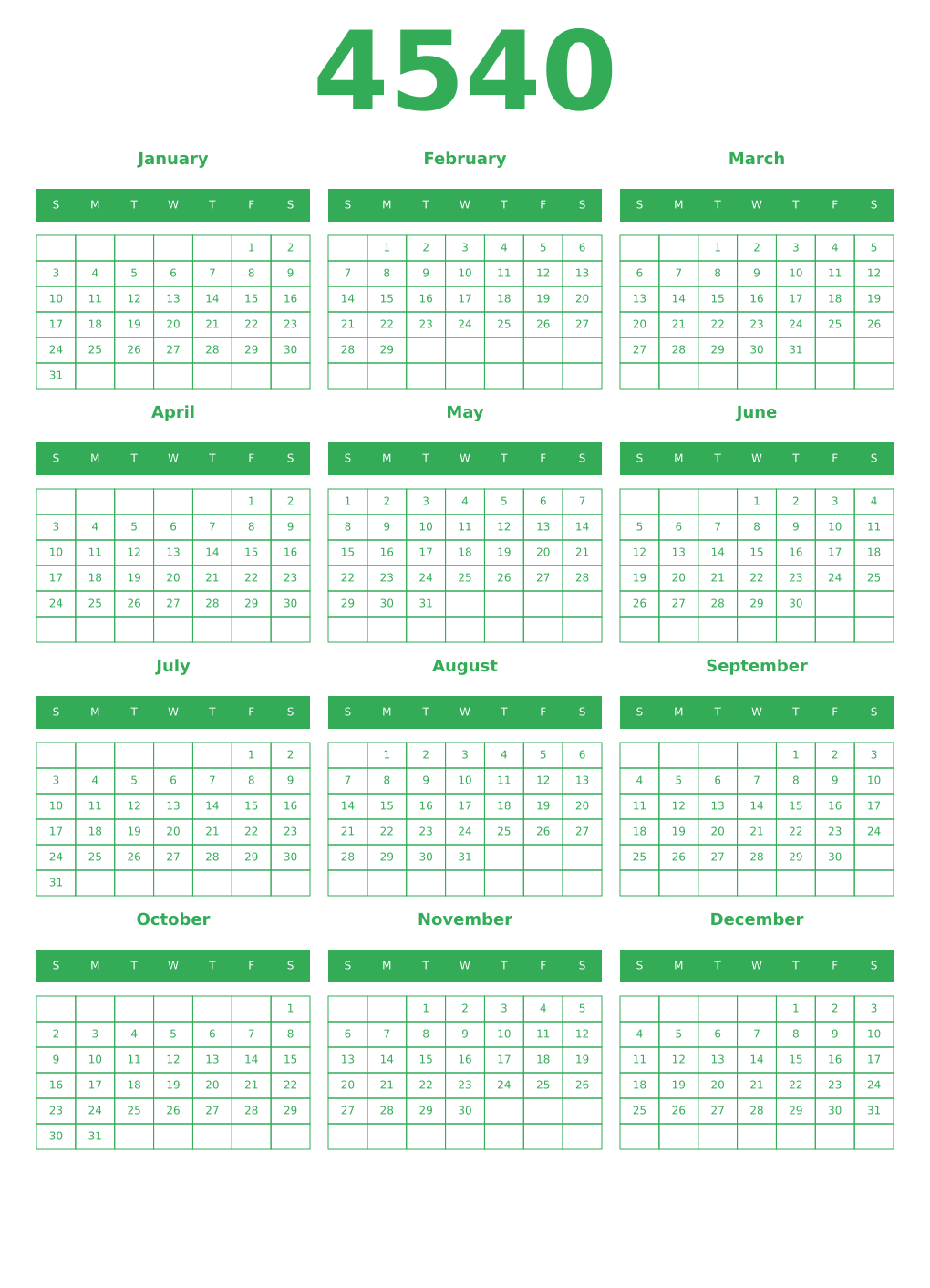 Printable 4540 Year Calendars green
