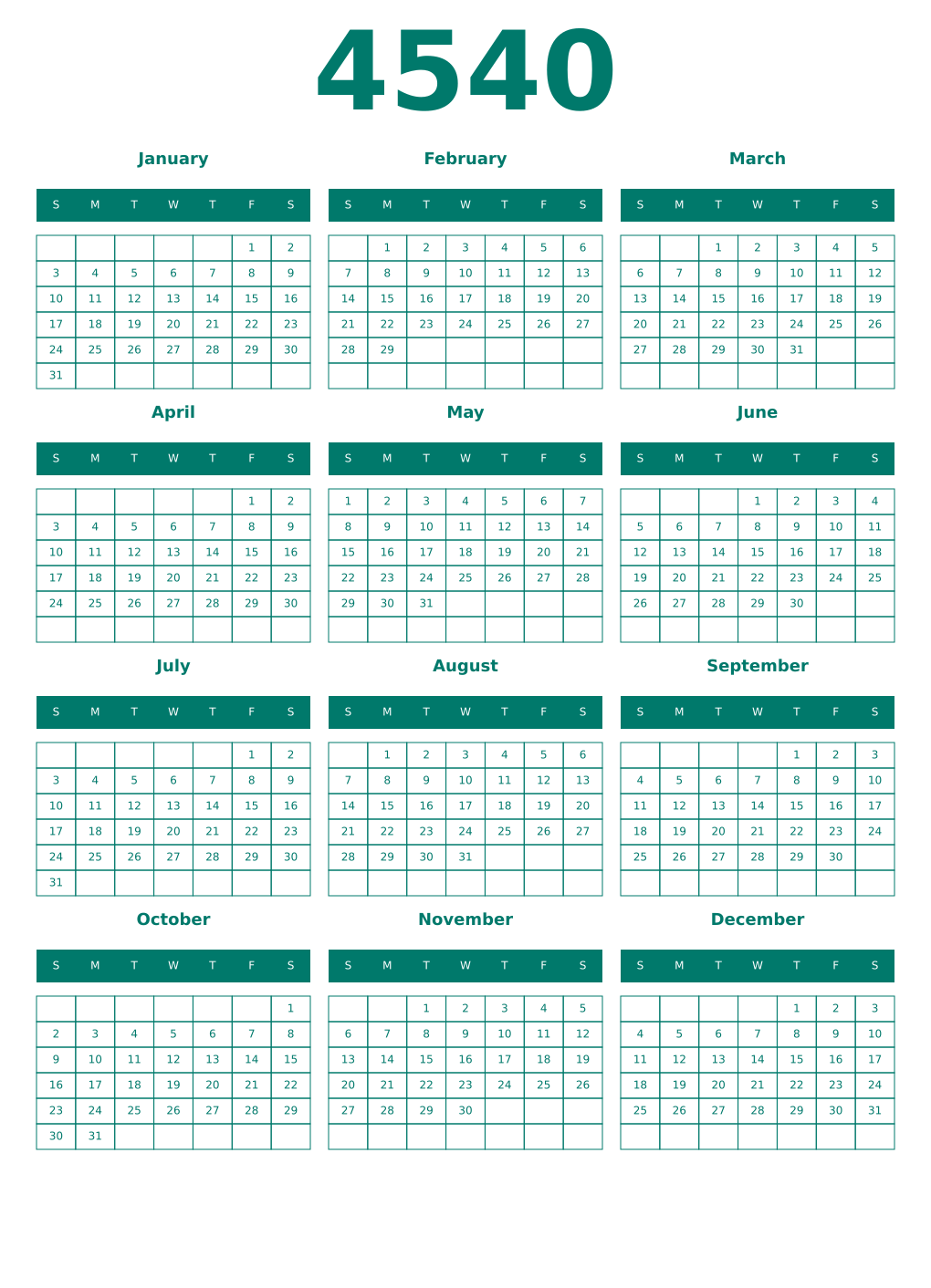 Printable 4540 Year Calendars pastel
