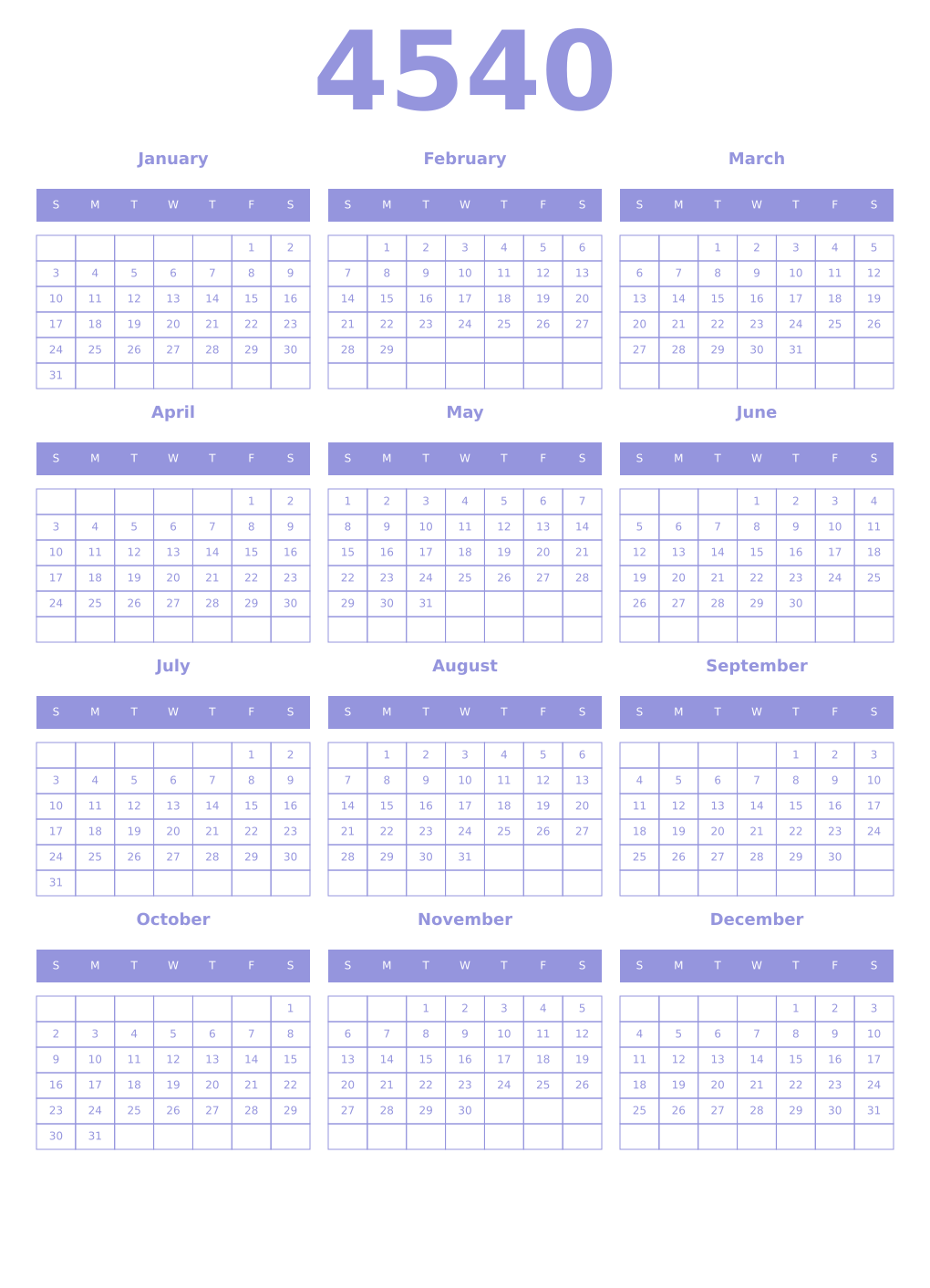 Printable 4540 Year Calendars periwinkle