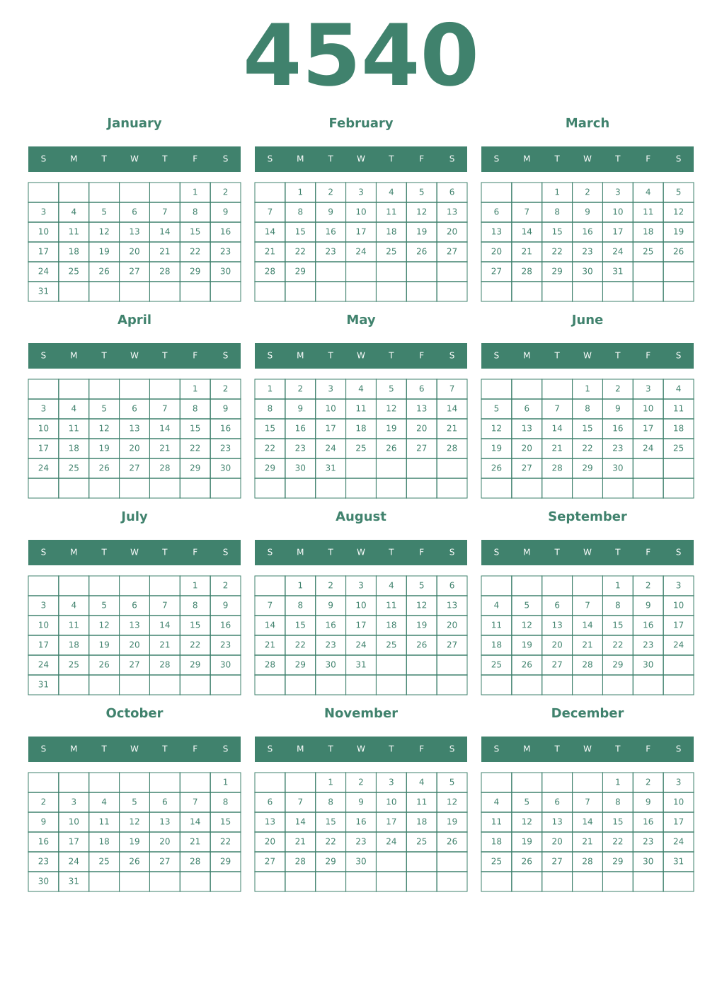 Printable 4540 Year Calendars viridian