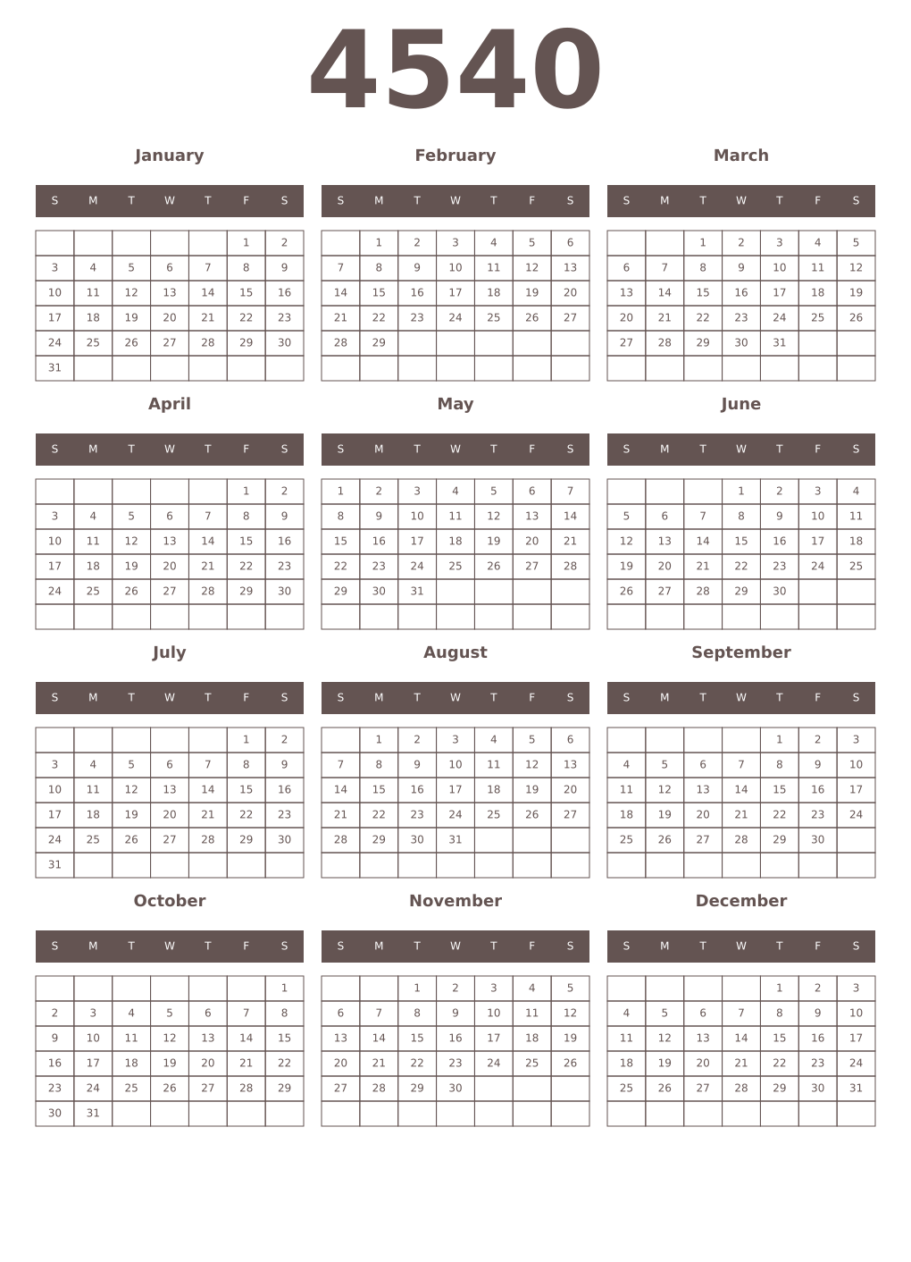 Printable 4540 Year Calendars wenge