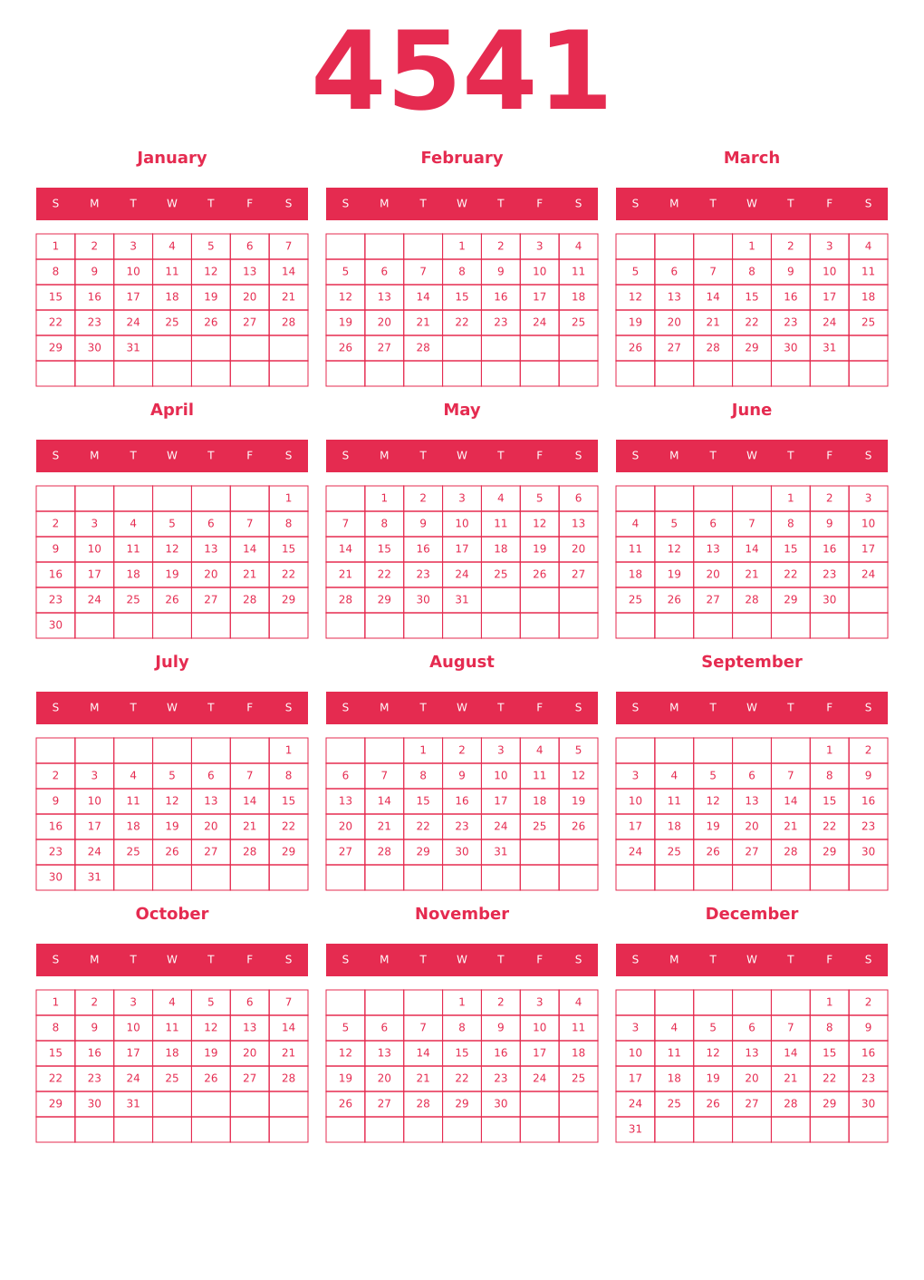 Printable 4541 Year Calendars amaranth