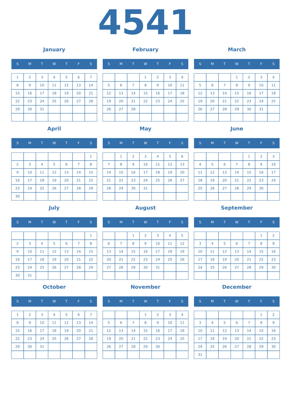 Printable 4541 Year Calendars blue