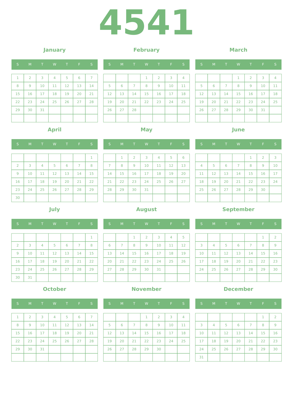 Printable 4541 Year Calendars celadon