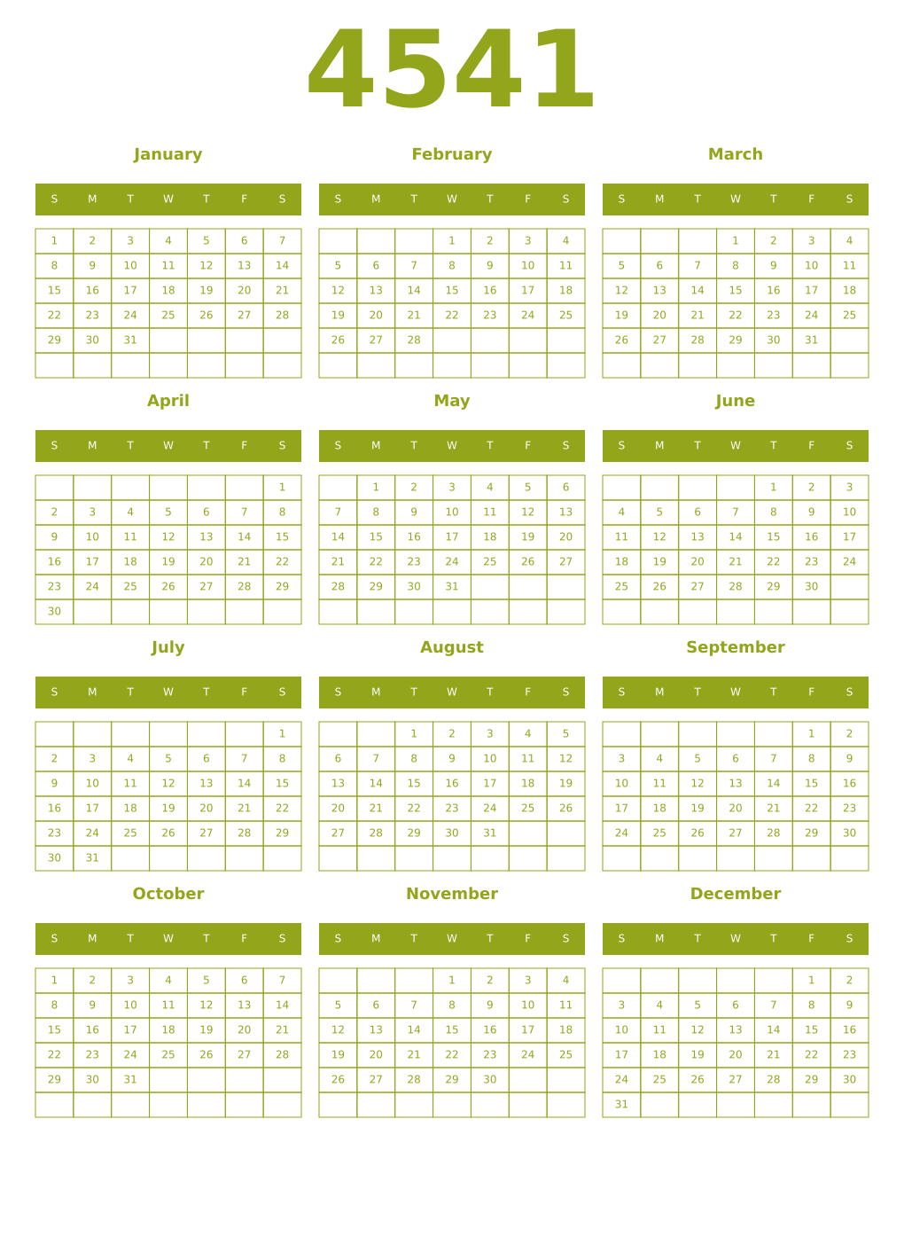 Printable 4541 Year Calendars chartreuse