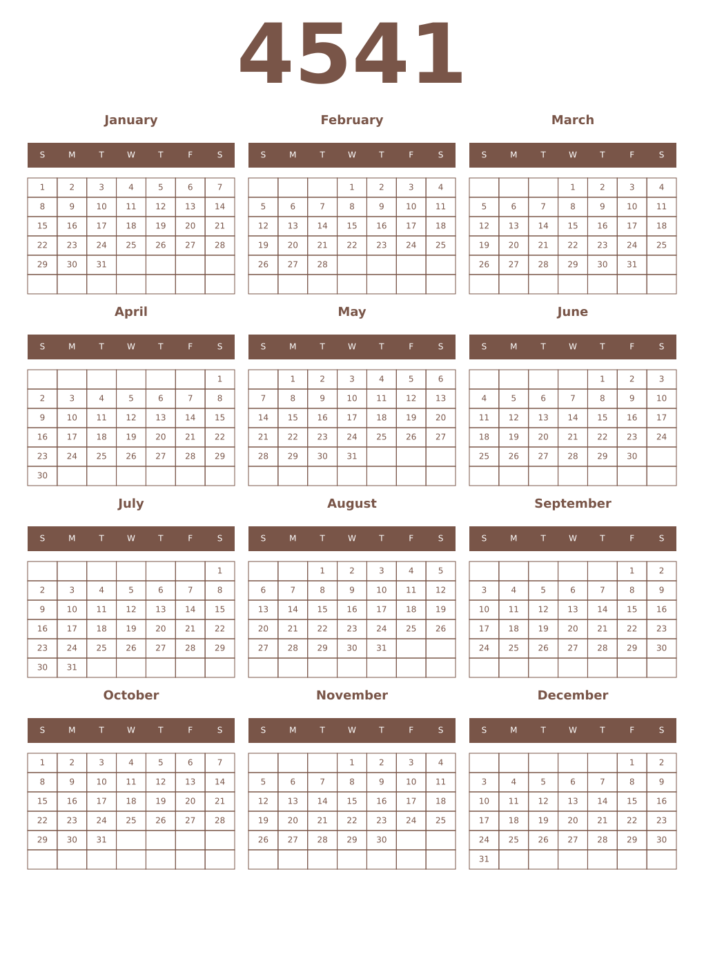 Printable 4541 Year Calendars coffe