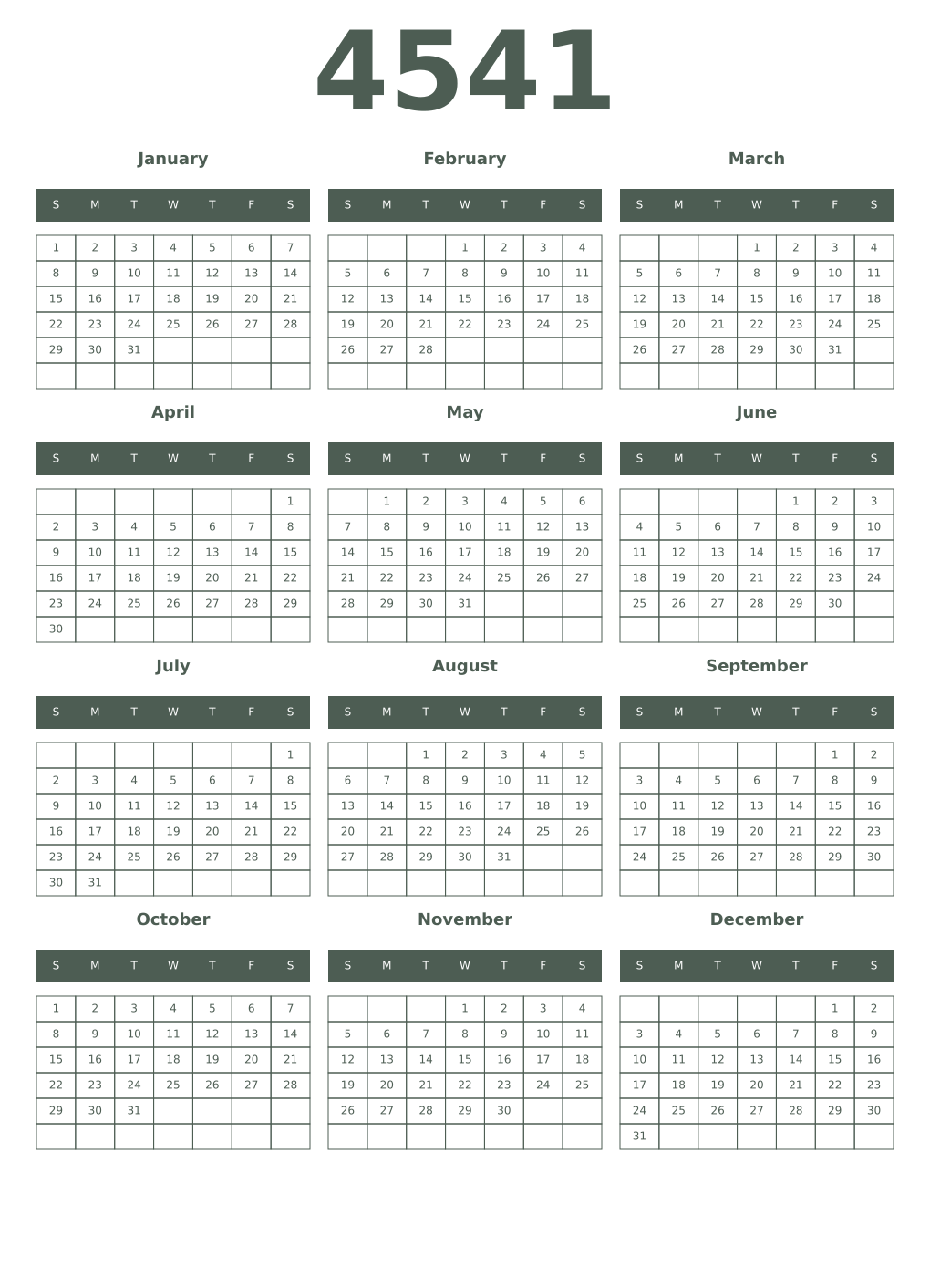 Printable 4541 Year Calendars feldgrau