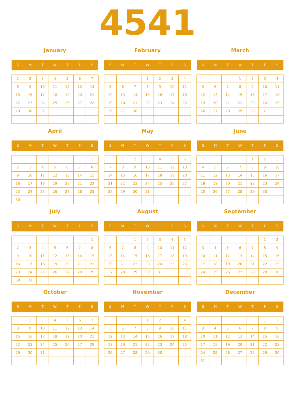 Printable 4541 Year Calendars gamboge