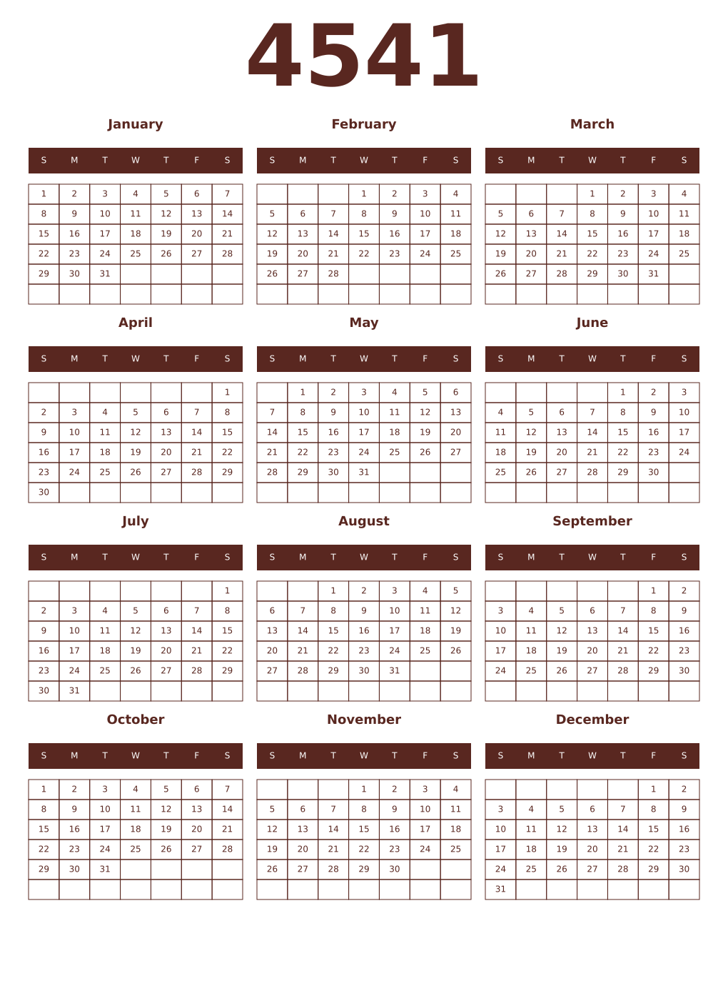 Printable 4541 Year Calendars mortuum