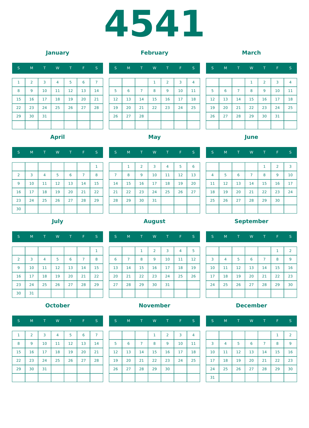 Printable 4541 Year Calendars pastel