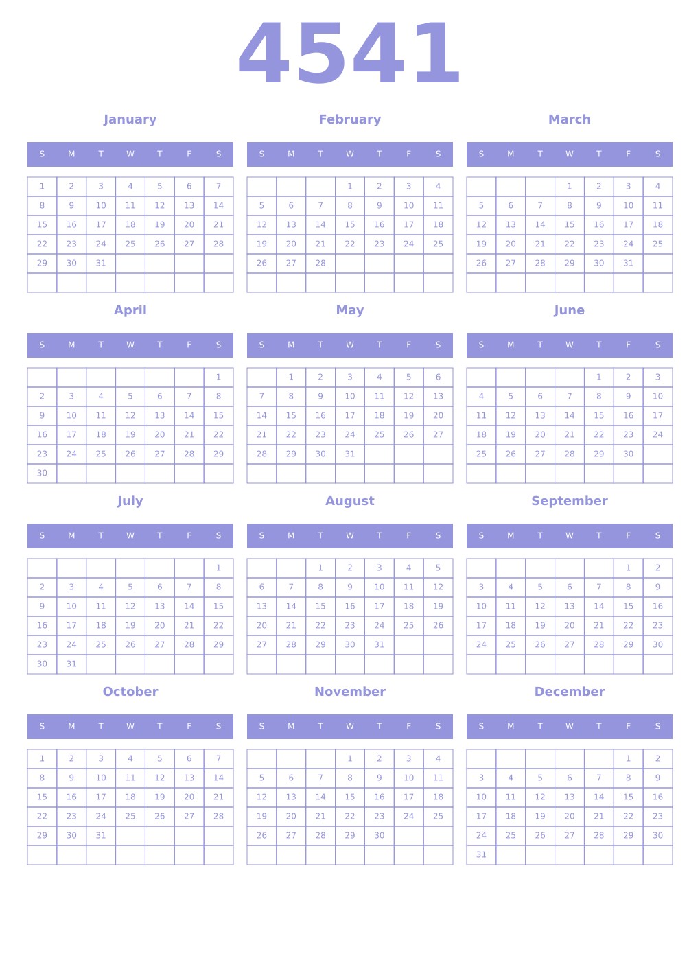 Printable 4541 Year Calendars periwinkle