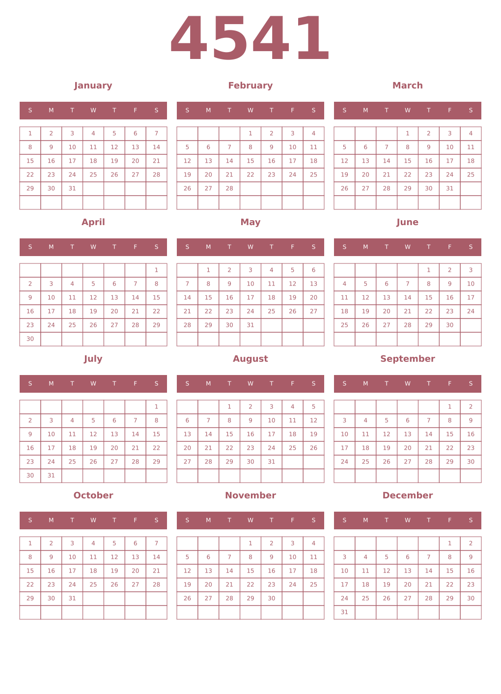Printable 4541 Year Calendars puce