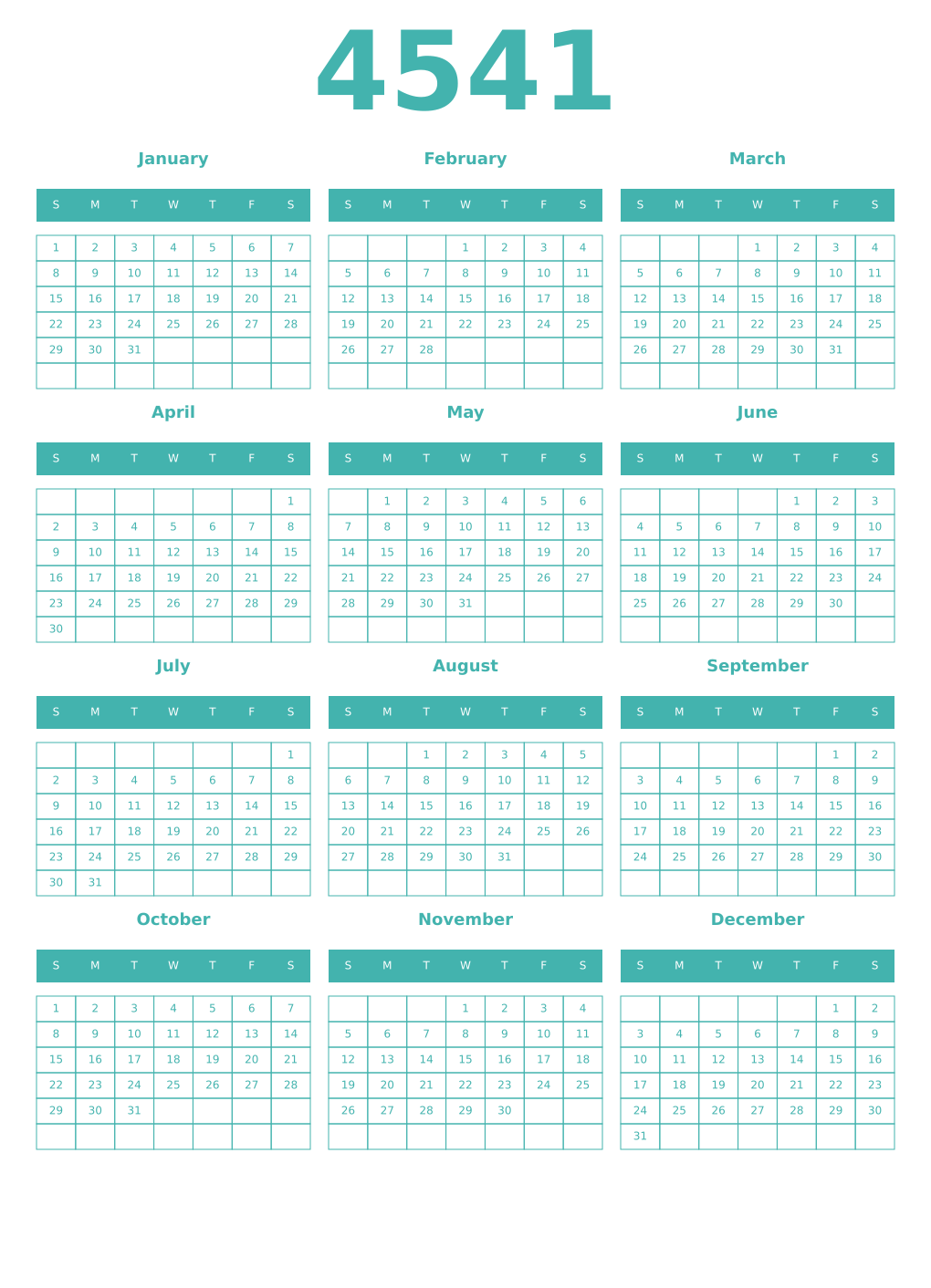 Printable 4541 Year Calendars verdigris