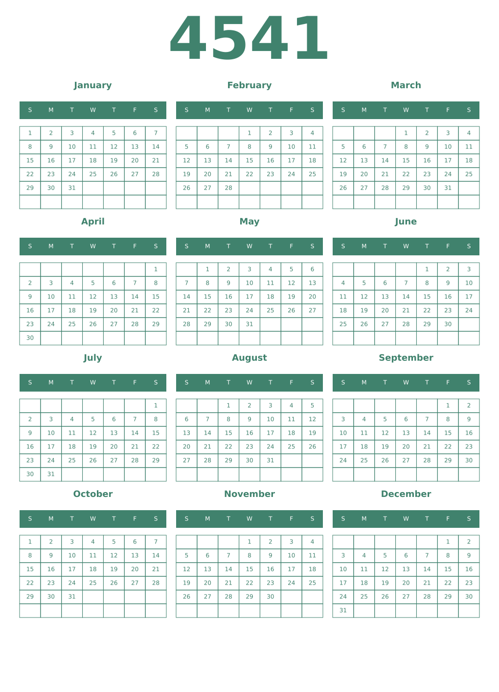 Printable 4541 Year Calendars viridian