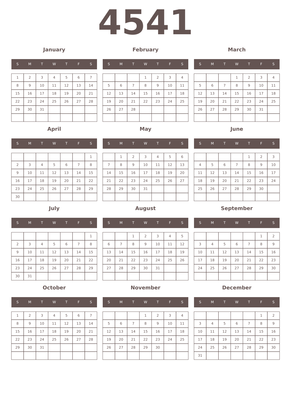 Printable 4541 Year Calendars wenge