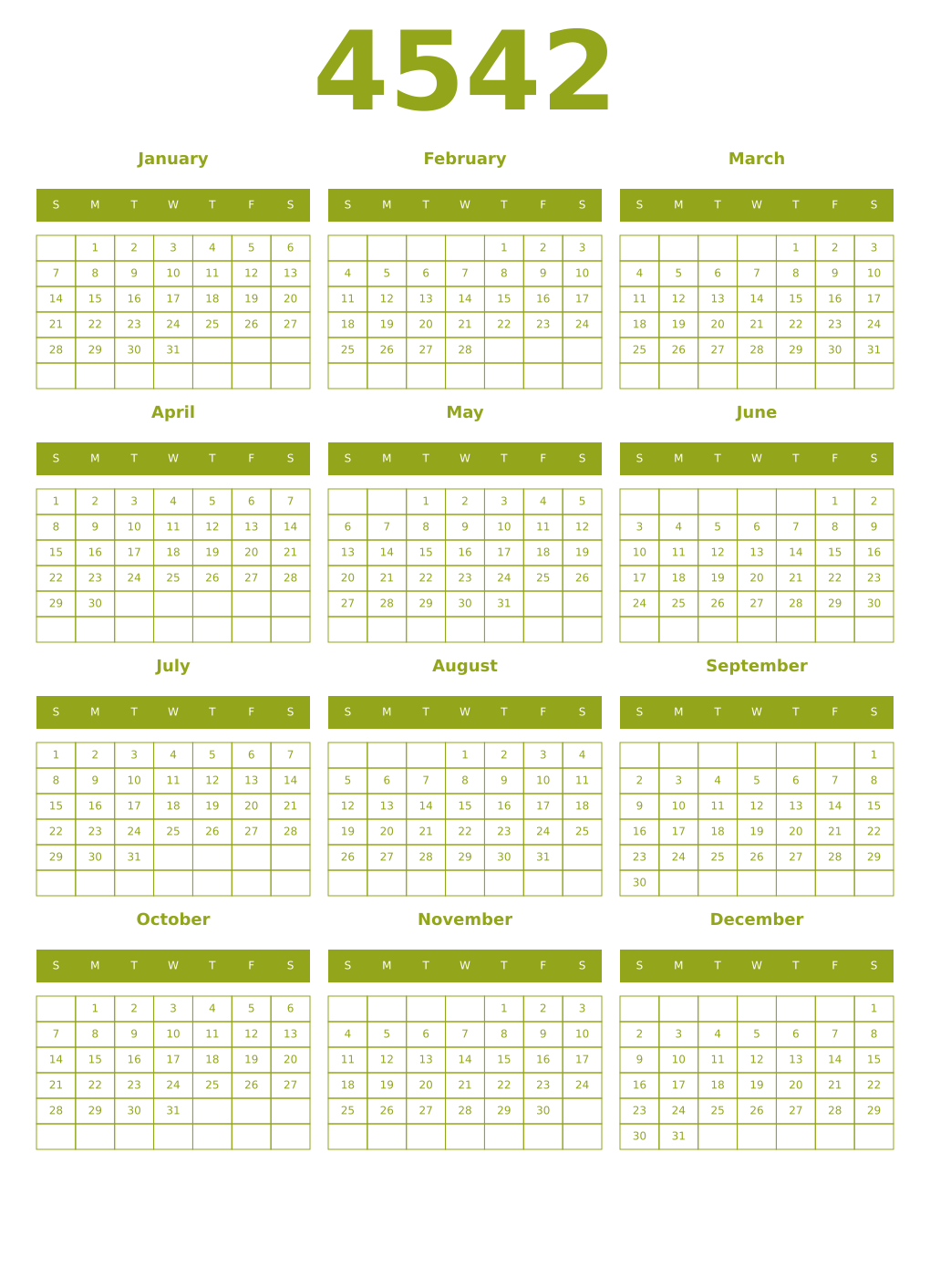 Printable 4542 Year Calendars chartreuse