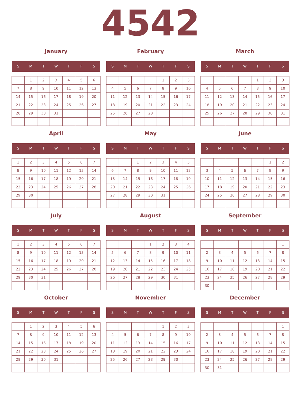Printable 4542 Year Calendars cordovan