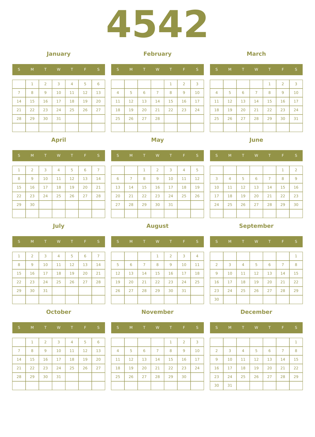Printable 4542 Year Calendars eburnean