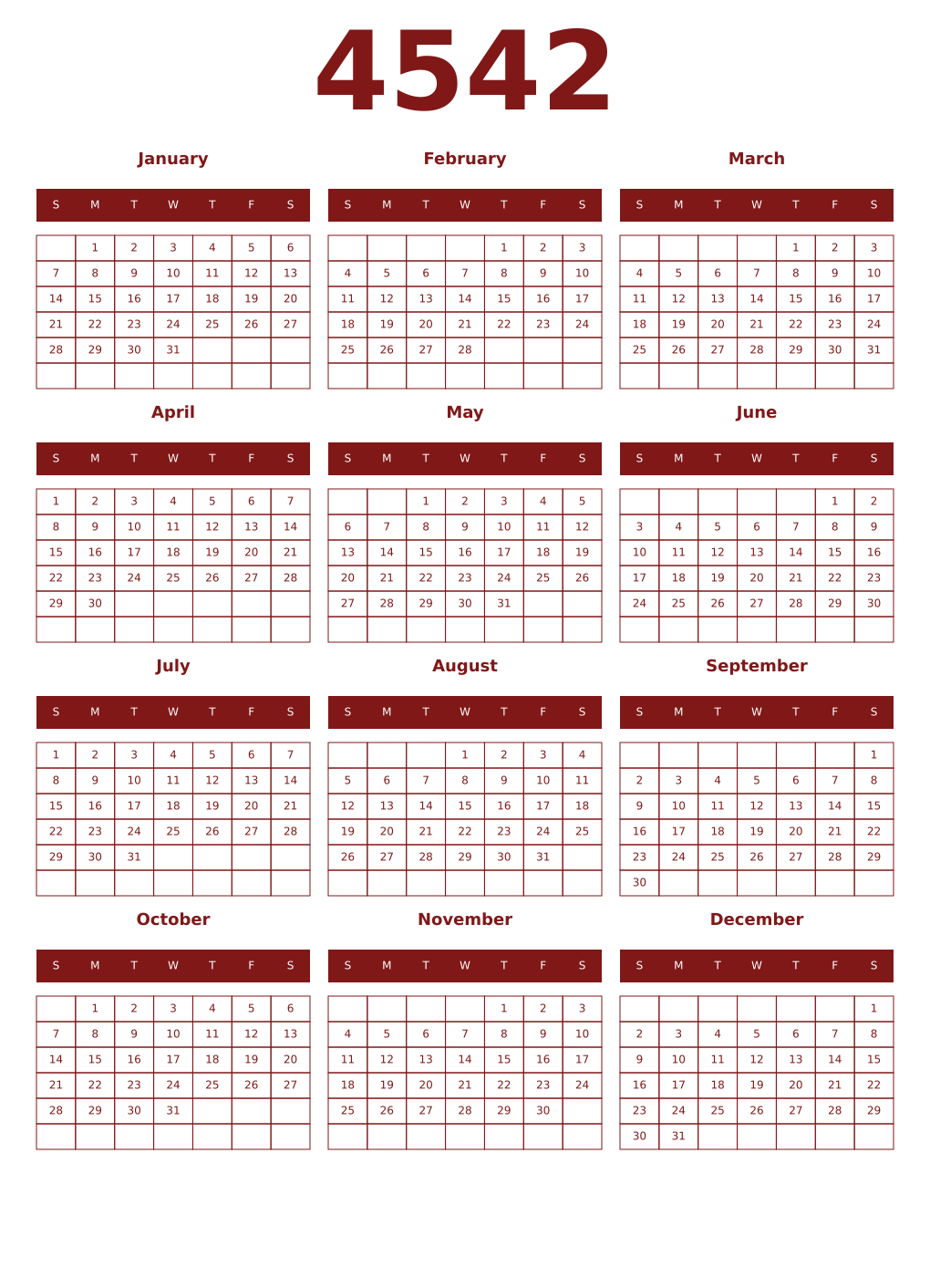 Printable 4542 Year Calendars falu