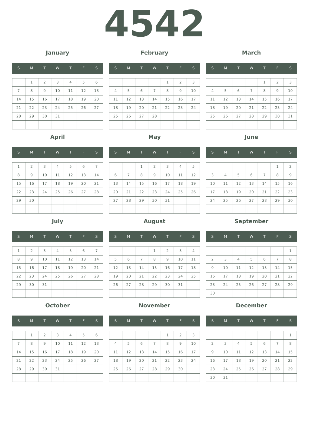 Printable 4542 Year Calendars feldgrau