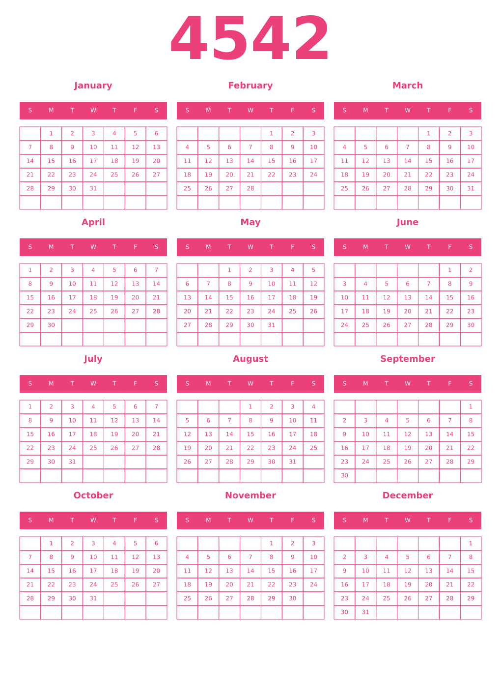 Printable 4542 Year Calendars pink