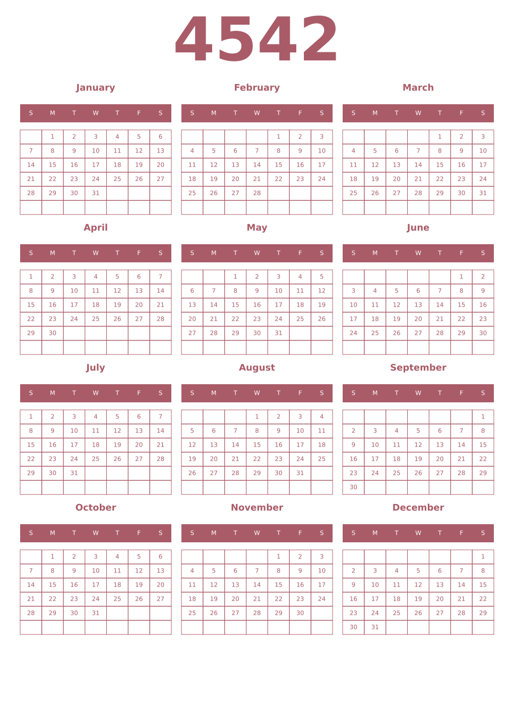 Printable 4542 Year Calendars puce