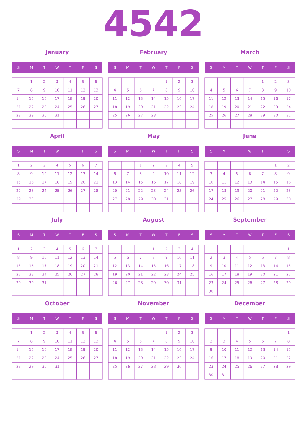 Printable 4542 Year Calendars purple