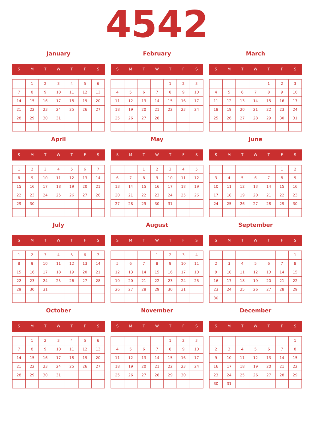 Printable 4542 Year Calendars red