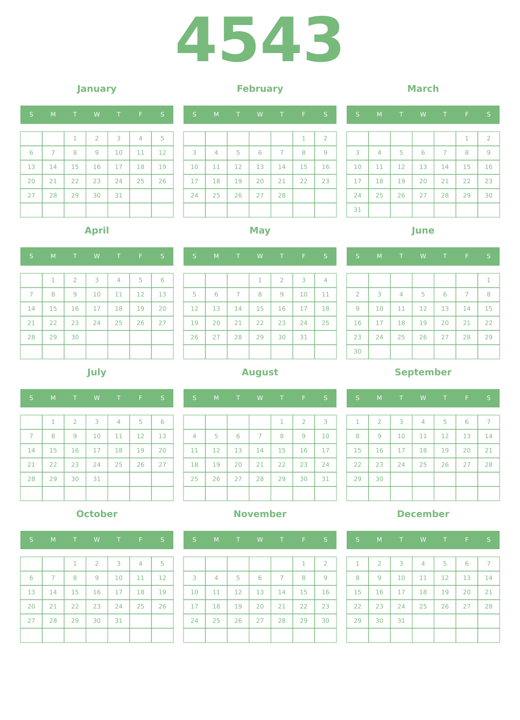 Printable 4543 Year Calendars celadon