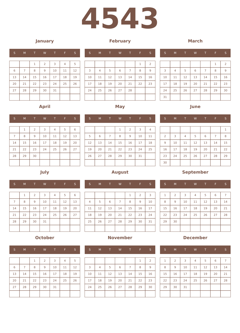 Printable 4543 Year Calendars coffe