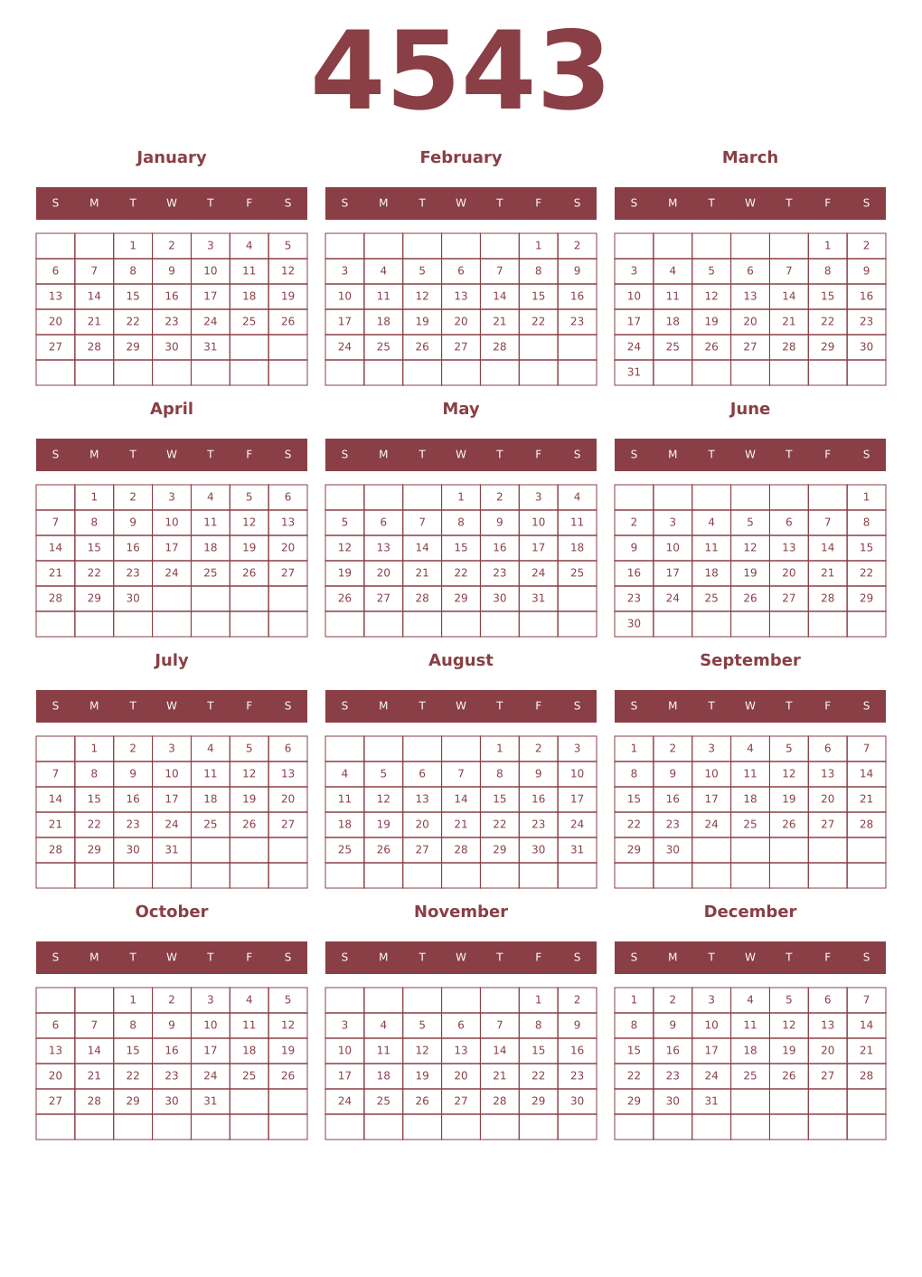 Printable 4543 Year Calendars cordovan