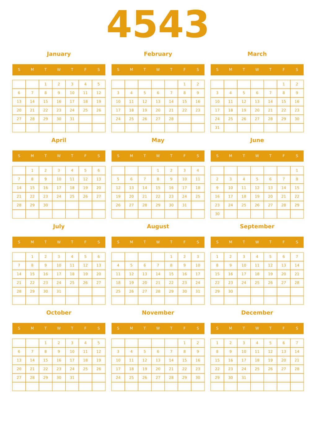 Printable 4543 Year Calendars gamboge