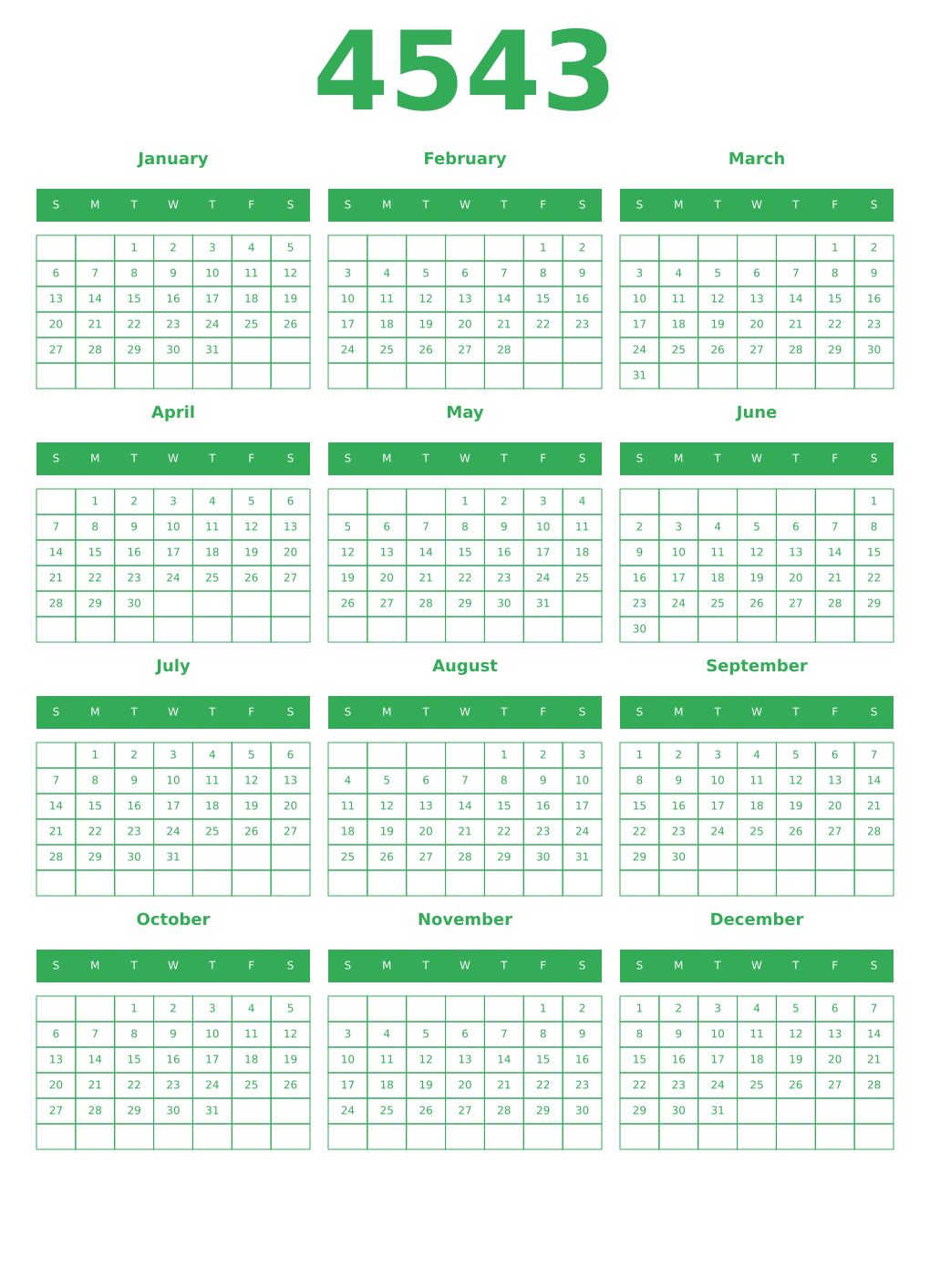 Printable 4543 Year Calendars green